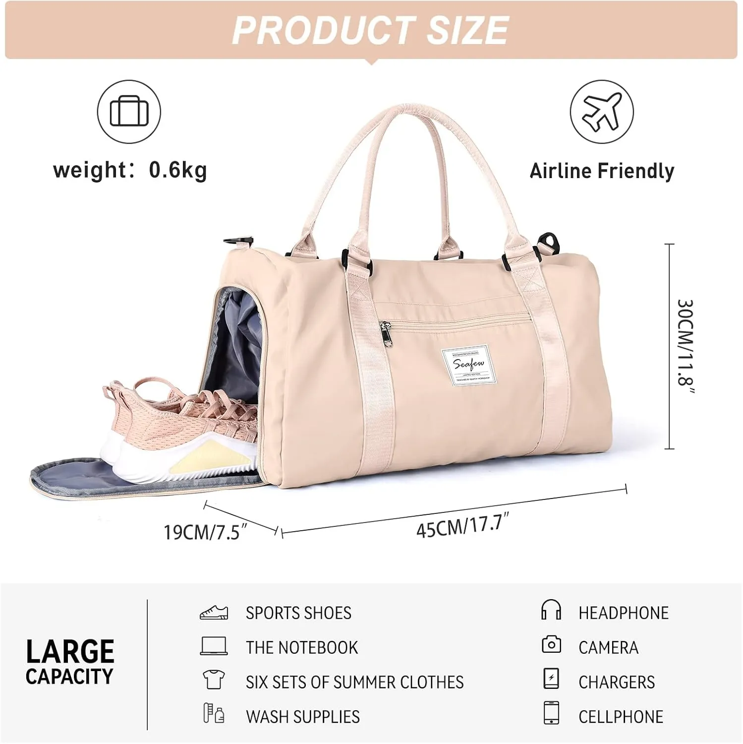 Weekender Gym Duffel for Women Off White With Toiletry Bag, Travel Tote for Airplane, Cute Sports Dance Overnight Luggage With Wet Pocket Shoe Compartment, Carry On Hospital Bag