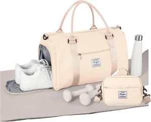 Weekender Gym Duffel for Women Off White With Toiletry Bag, Travel Tote for Airplane, Cute Sports Dance Overnight Luggage With Wet Pocket Shoe Compartment, Carry On Hospital Bag