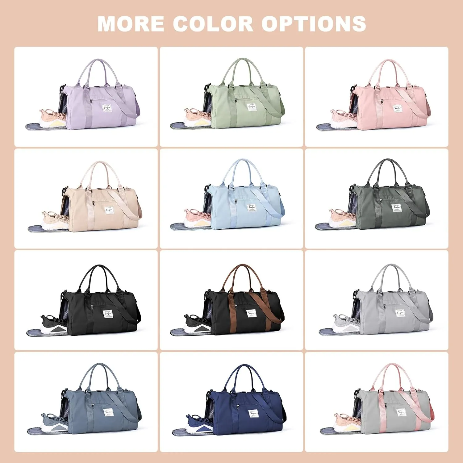 Weekender Gym Duffel for Women Off White With Toiletry Bag, Travel Tote for Airplane, Cute Sports Dance Overnight Luggage With Wet Pocket Shoe Compartment, Carry On Hospital Bag