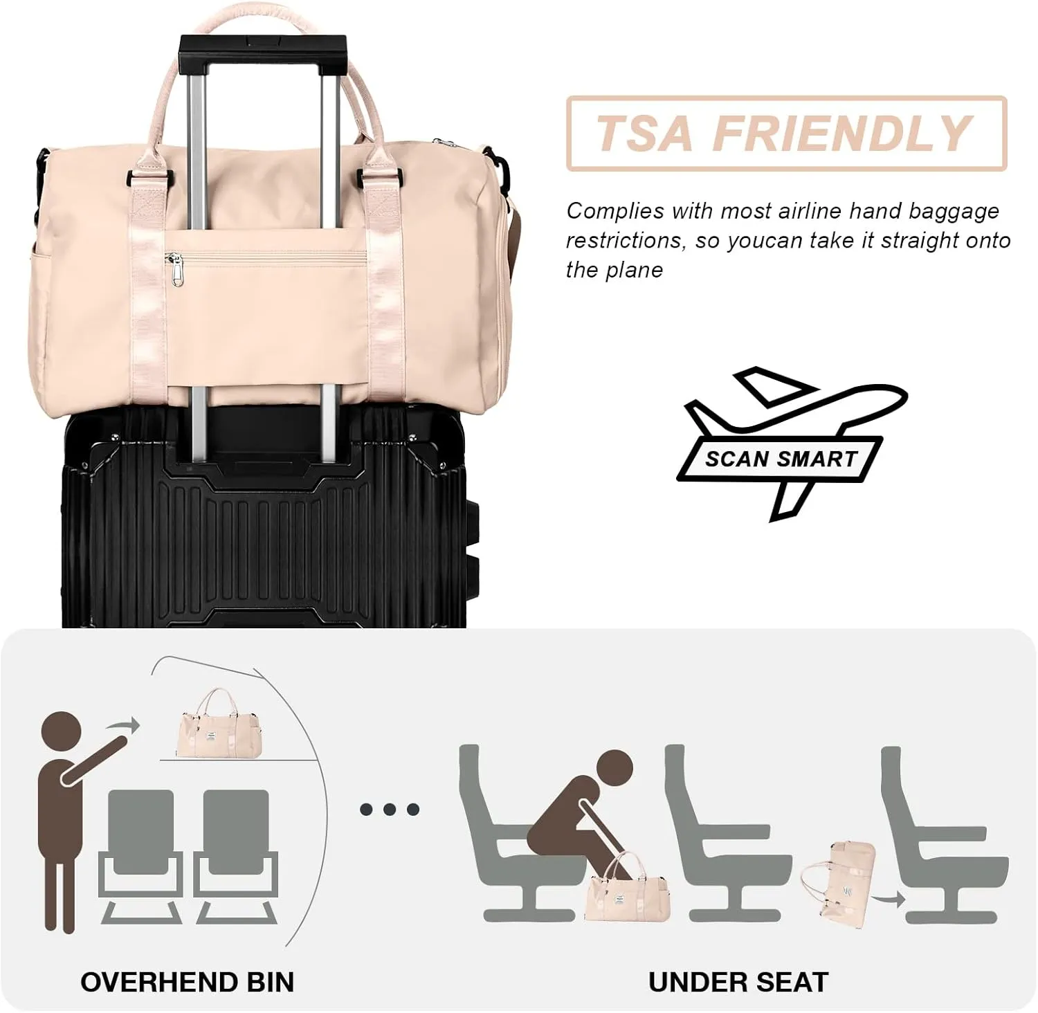Weekender Gym Duffel for Women Off White With Toiletry Bag, Travel Tote for Airplane, Cute Sports Dance Overnight Luggage With Wet Pocket Shoe Compartment, Carry On Hospital Bag