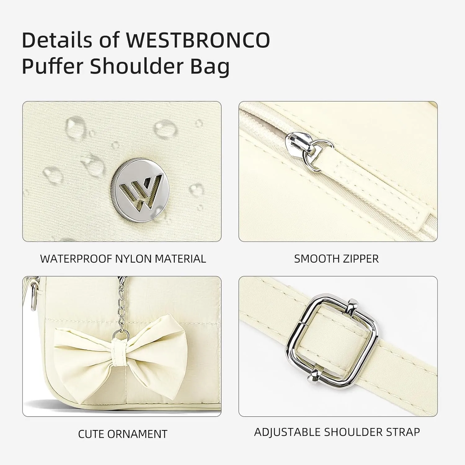 WESTBRONCO Puffer Crossbody bags for Women Quilted Shoulder Handbags, Puffy Cosmetic Makeup Bag Organizer w/Cute Ornament