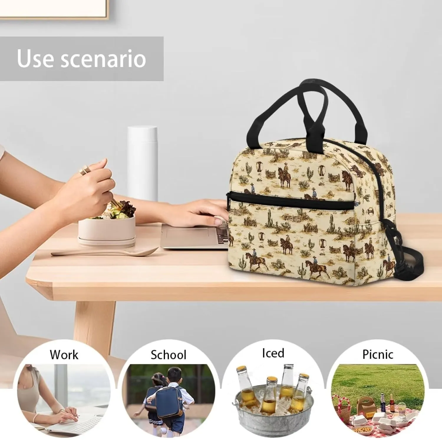 Western Kids Lunch Box Cowboys Insulated Lunch Bag Horse Lunch Tote Bag with Shoulder Straps Portable Insulated Lunch Bag Back to School Lunchbox