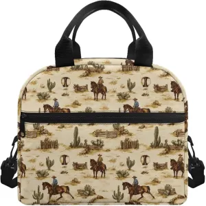 Western Kids Lunch Box Cowboys Insulated Lunch Bag Horse Lunch Tote Bag with Shoulder Straps Portable Insulated Lunch Bag Back to School Lunchbox
