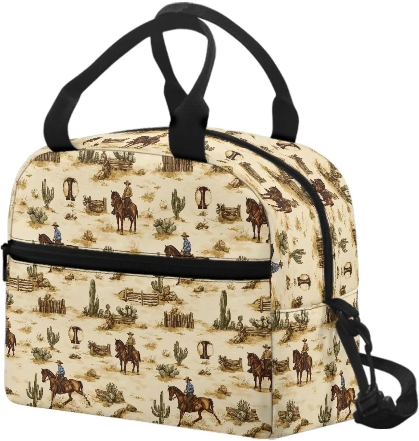 Western Kids Lunch Box Cowboys Insulated Lunch Bag Horse Lunch Tote Bag with Shoulder Straps Portable Insulated Lunch Bag Back to School Lunchbox