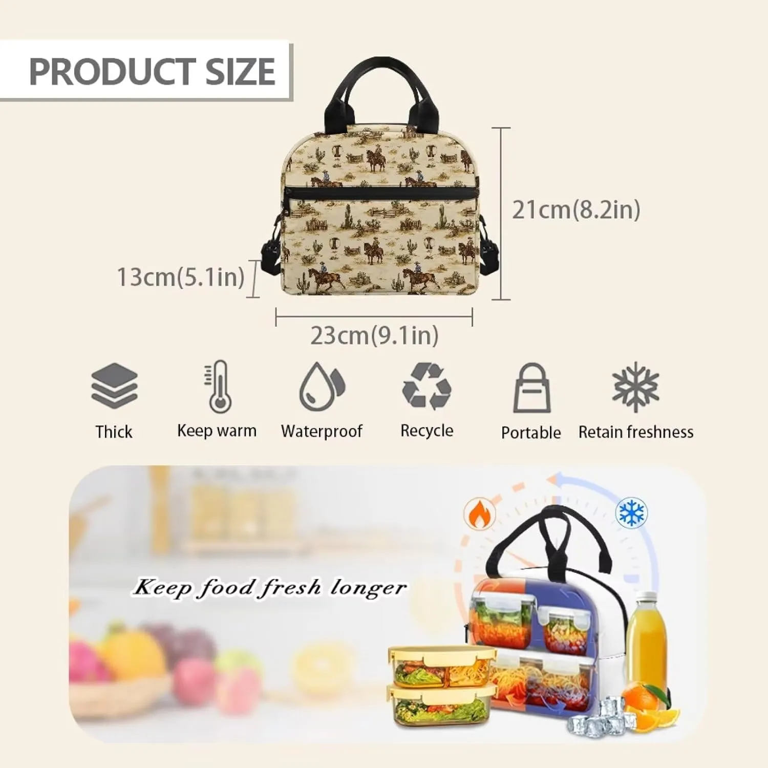 Western Kids Lunch Box Cowboys Insulated Lunch Bag Horse Lunch Tote Bag with Shoulder Straps Portable Insulated Lunch Bag Back to School Lunchbox