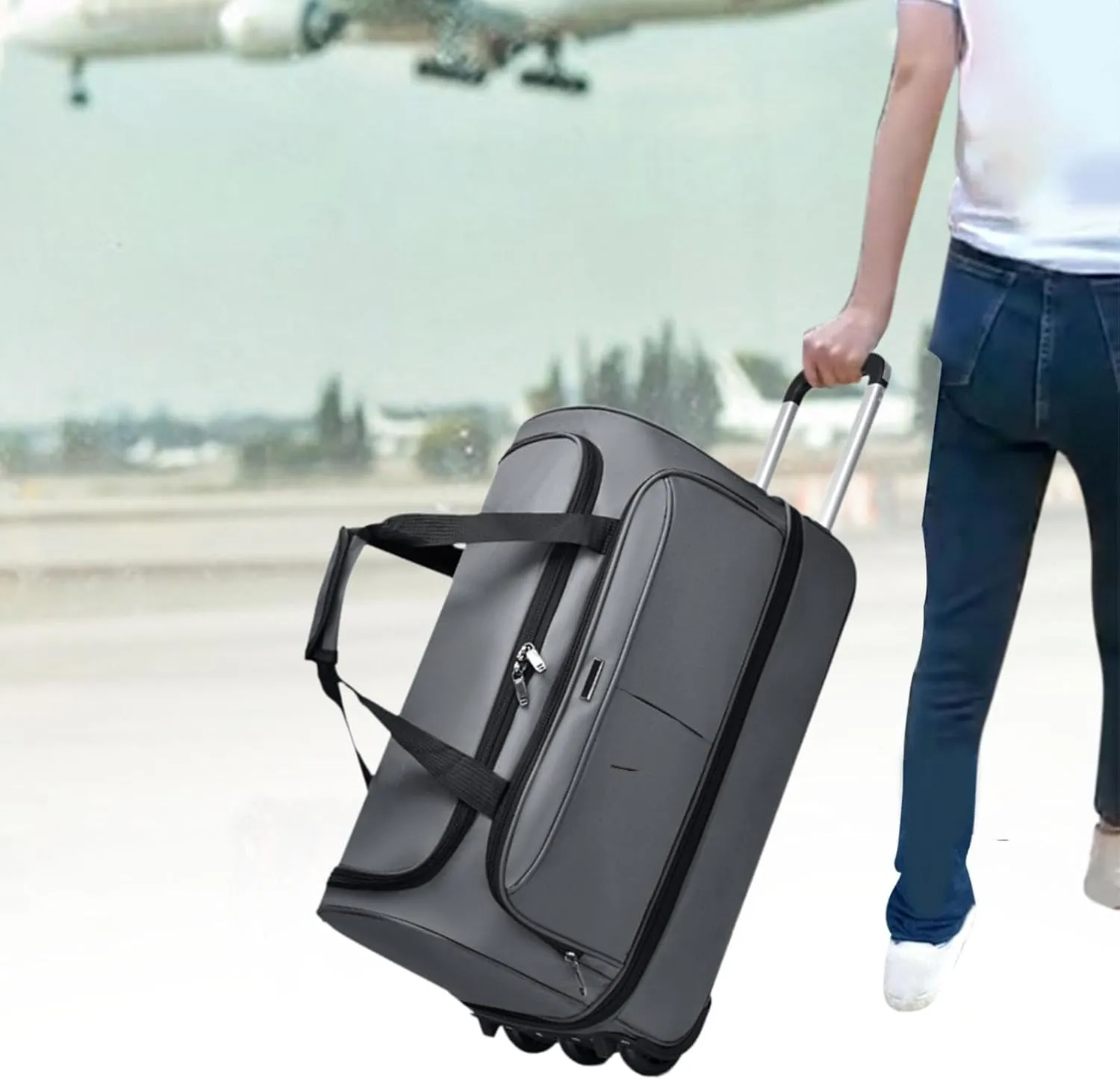 Wheeled Duffel Bag Suitcase Portable Handbag Multipurpose Luggage Bag Rolling Travel Bag for Outdoor Travel Men Business Trip, Gray, M