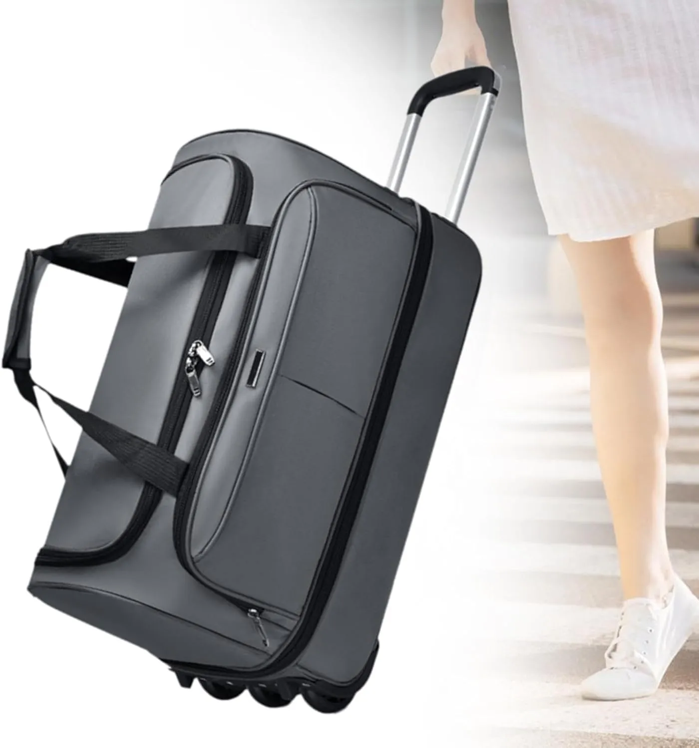 Wheeled Duffel Bag Suitcase Portable Handbag Multipurpose Luggage Bag Rolling Travel Bag for Outdoor Travel Men Business Trip, Gray, M