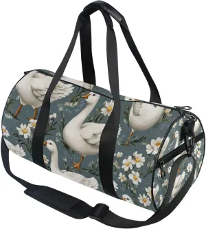 White Flowers and White Geese Gym Duffle Bag Women Men Sports Fitness Bag for Travel Workout Gymnastics Dance Ballet