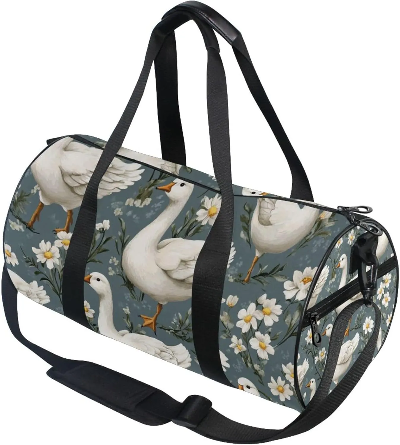 White Flowers and White Geese Gym Duffle Bag Women Men Sports Fitness Bag for Travel Workout Gymnastics Dance Ballet