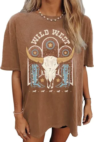Wild West Cowboy T Shirt Women Vintage Rodeo Shirts Cowboy Graphic Tee Oversized Country Music Short Sleeve Tops