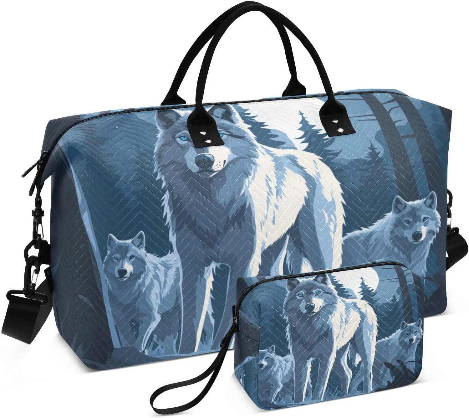 Wolf Blue Forest Moon Travel Duffel Bag with Toiletry Bag Weekender Bag for Carry on Sports Gym Bag for Gym Yoga Sports
