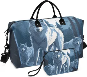 Wolf Blue Forest Moon Travel Duffel Bag with Toiletry Bag Weekender Bag for Carry on Sports Gym Bag for Gym Yoga Sports