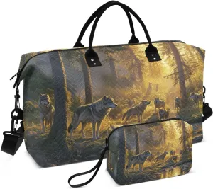 Wolf Forest Stream Golden Travel Duffel Bag with Toiletry Bag Weekender Bag for Carry on Sports Gym Bag for Shopping Gym Travel