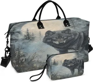 Wolf Moon Forest Blue Travel Duffel Bag with Toiletry Bag Weekender Bag for Carry on Sports Gym Bag for Maternity Mommy Hospital