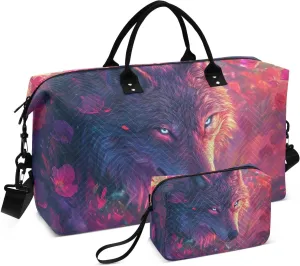 Wolf Purpleflowers Purple Travel Duffel Bag with Toiletry Bag Weekender Bag for Carry on Sports Gym Bag for Maternity Mommy Hospital