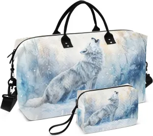 Wolf Snowy Watercolor Blue Travel Duffel Bag with Toiletry Bag Weekender Bag for Carry on Sports Gym Bag for Hospital Shopping