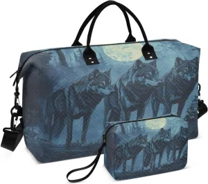 Wolfpack Forest Moon Blue Travel Duffel Bag with Toiletry Bag Weekender Bag for Carry on Sports Gym Bag for Weekend Travel Sports