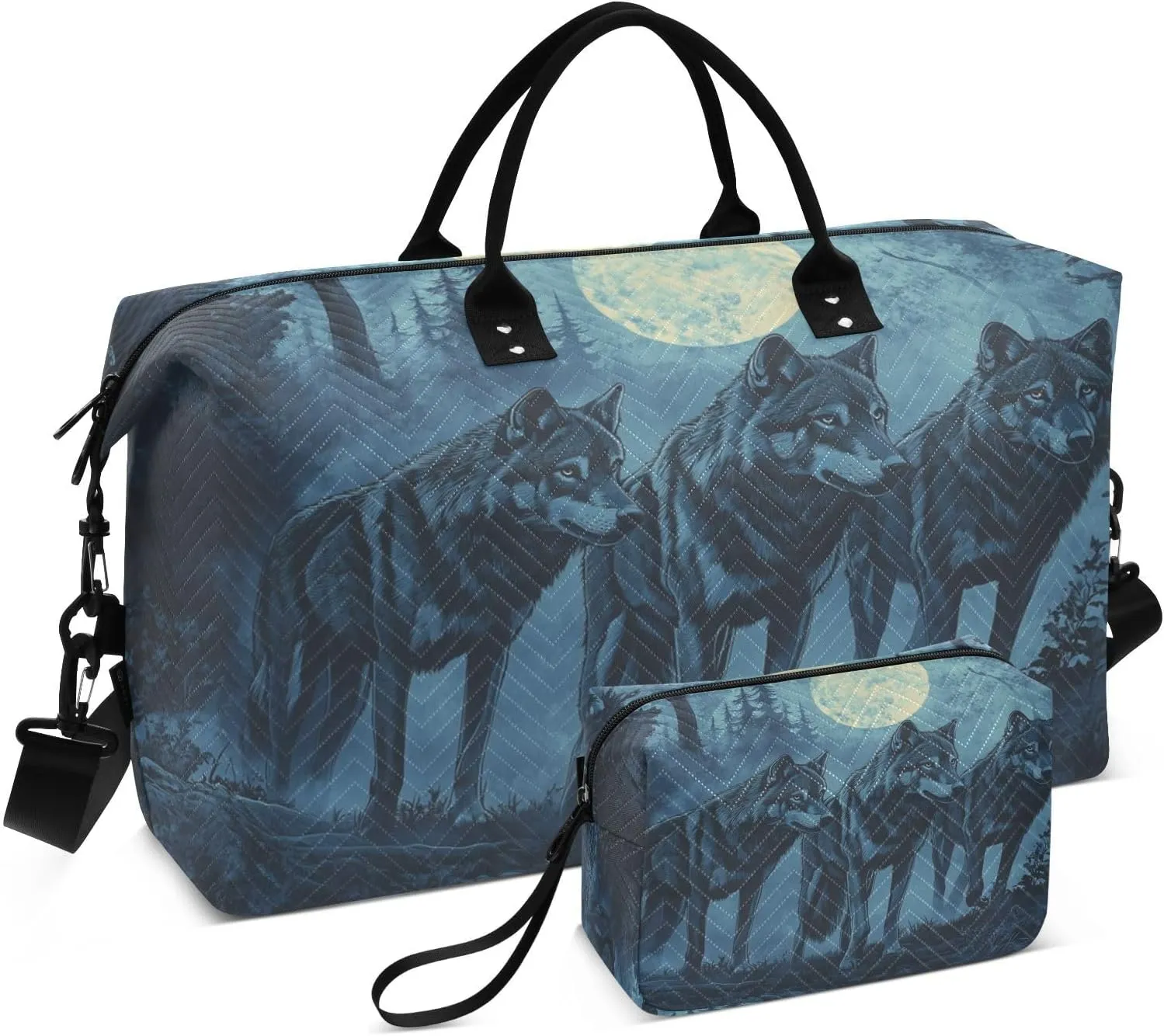 Wolfpack Forest Moon Blue Travel Duffel Bag with Toiletry Bag Weekender Bag for Carry on Sports Gym Bag for Weekend Travel Sports