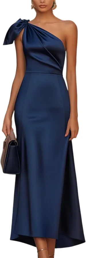 Women Blue Solid One Shoulder Sleeveless Satin High Waist Maxi Dress 2025 Summer A line Elegant Formal Evening Dress