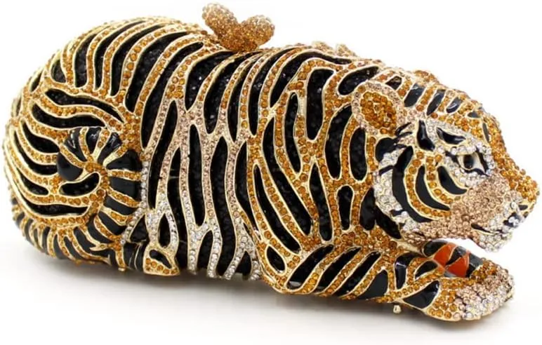 Women Cute Tiger Shaped Evening Clutch Sparkling Rhinestones Handbag Prom Party Purse
