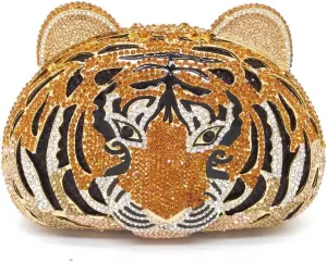 Women Cute Tiger Shaped Evening Clutch Sparkling Rhinestones Handbag Prom Party Purse
