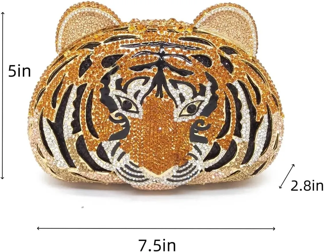 Women Cute Tiger Shaped Evening Clutch Sparkling Rhinestones Handbag Prom Party Purse