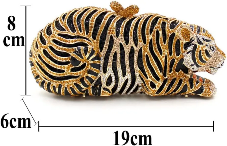 Women Cute Tiger Shaped Evening Clutch Sparkling Rhinestones Handbag Prom Party Purse