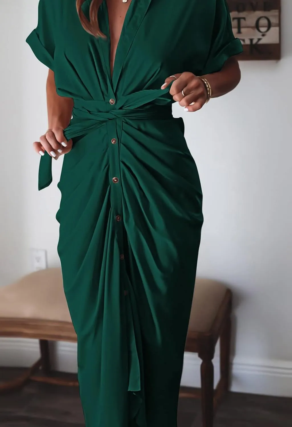 Women Elegant Satin Button Down Short Sleeve Maxi Shirt Dress with Belt