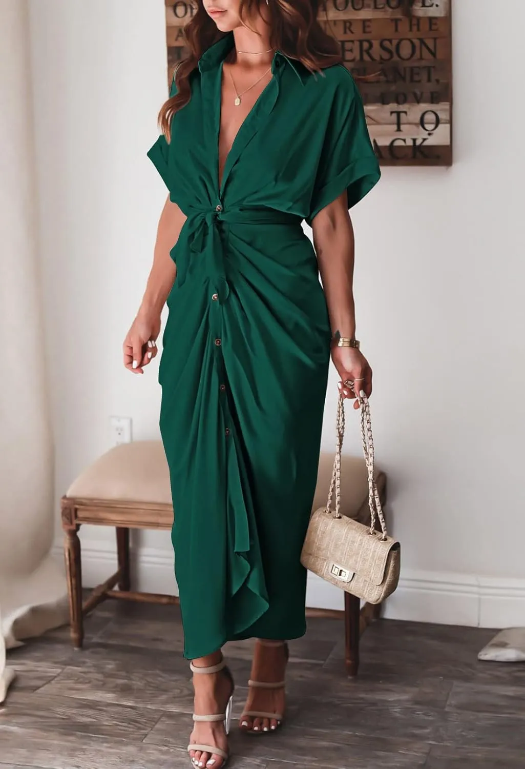 Women Elegant Satin Button Down Short Sleeve Maxi Shirt Dress with Belt