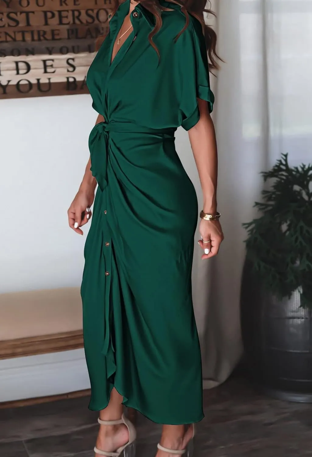 Women Elegant Satin Button Down Short Sleeve Maxi Shirt Dress with Belt