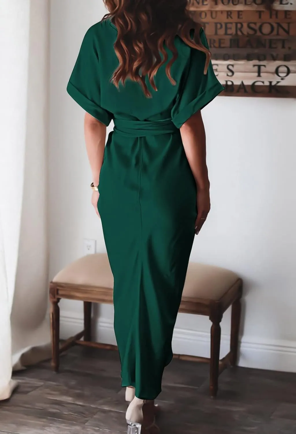 Women Elegant Satin Button Down Short Sleeve Maxi Shirt Dress with Belt