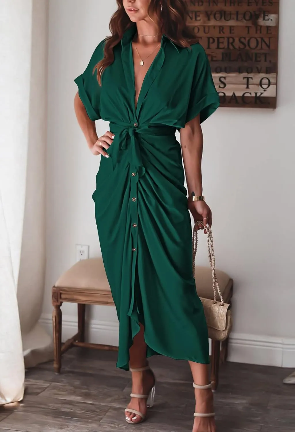 Women Elegant Satin Button Down Short Sleeve Maxi Shirt Dress with Belt
