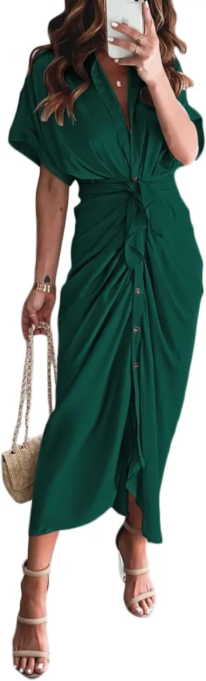 Women Elegant Satin Button Down Short Sleeve Maxi Shirt Dress with Belt