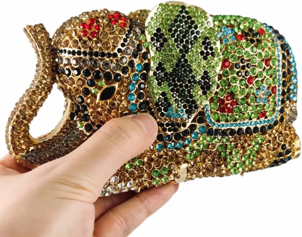 Women Elephant Rhinestone Clutch Bag Sparkly Crystal Evening Bag Luxury Metal Handbag Minaudiere Wedding Party Purse