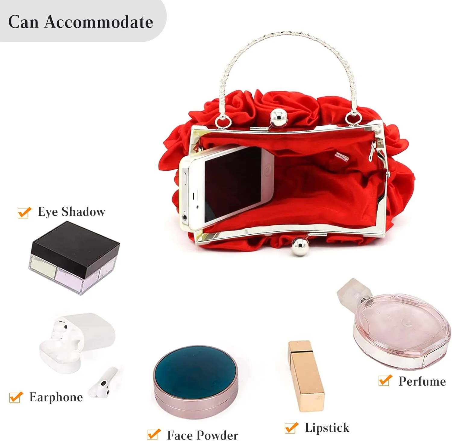 Women Evening Bag Rose Shaped Clutch Bag Satin Handbag Small Shoulder Bag with Kiss Lock
