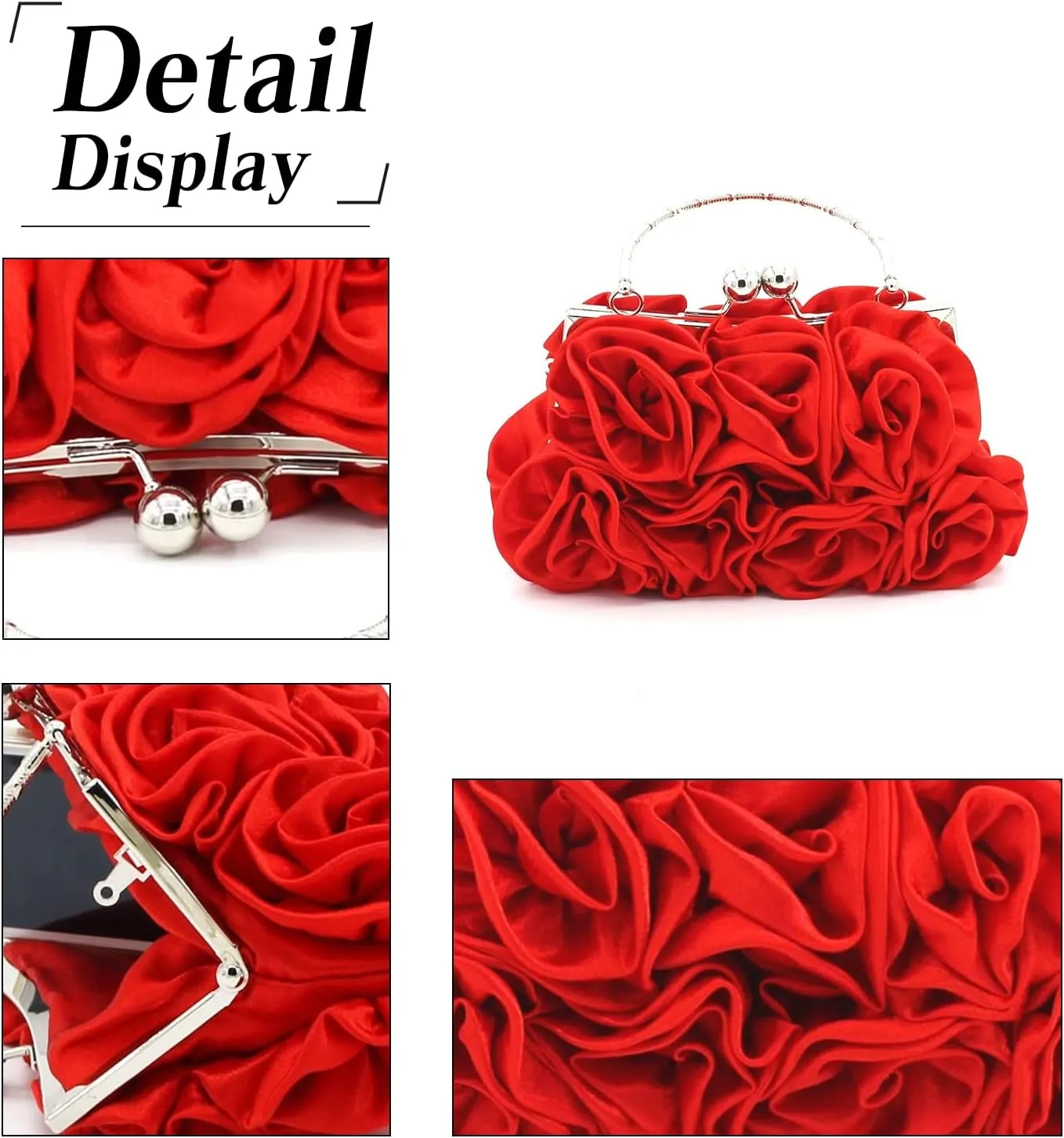 Women Evening Bag Rose Shaped Clutch Bag Satin Handbag Small Shoulder Bag with Kiss Lock