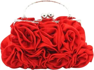 Women Evening Bag Rose Shaped Clutch Bag Satin Handbag Small Shoulder Bag with Kiss Lock