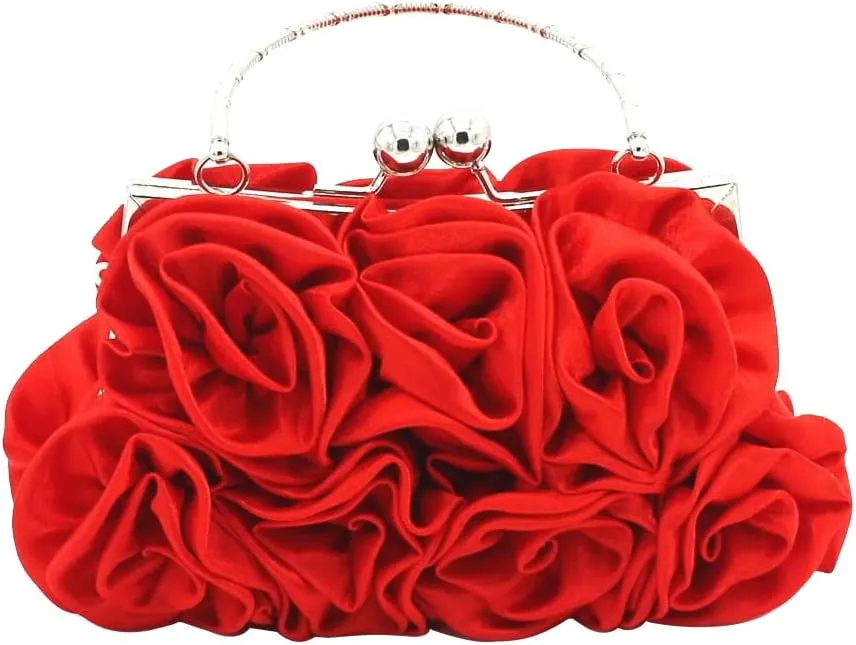 Women Evening Bag Rose Shaped Clutch Bag Satin Handbag Small Shoulder Bag with Kiss Lock
