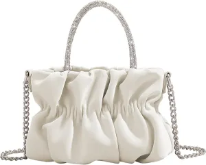 Women Evening Purse Handbags Rhinestone Handle Soft Leather Ruched Bag Bridal Clutch Wedding Party Crossbody Bag