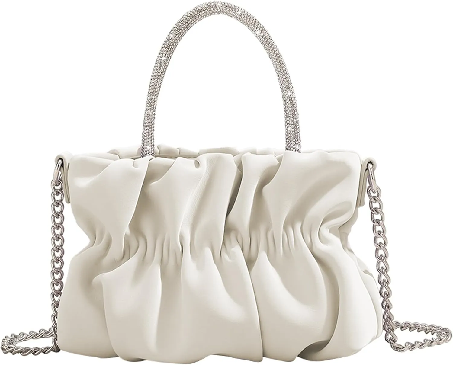 Women Evening Purse Handbags Rhinestone Handle Soft Leather Ruched Bag Bridal Clutch Wedding Party Crossbody Bag