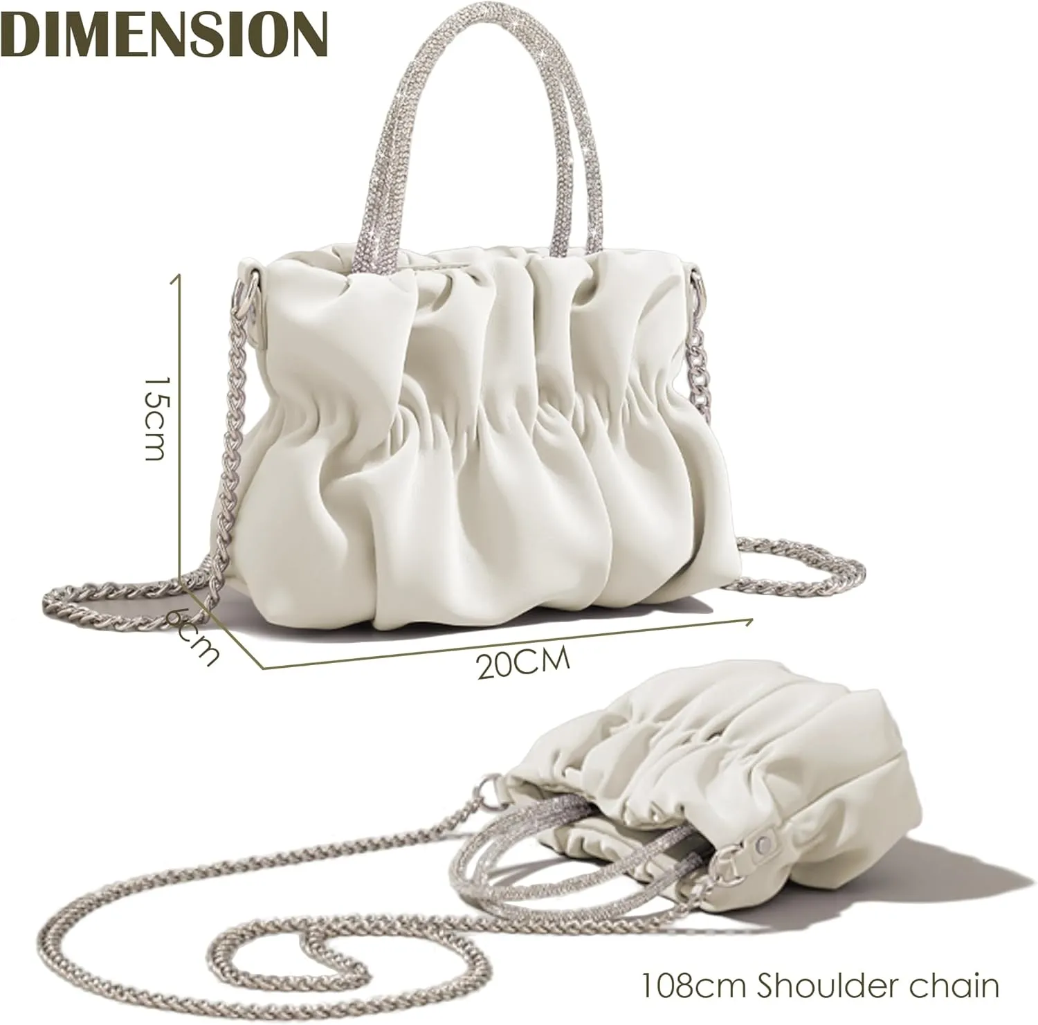 Women Evening Purse Handbags Rhinestone Handle Soft Leather Ruched Bag Bridal Clutch Wedding Party Crossbody Bag