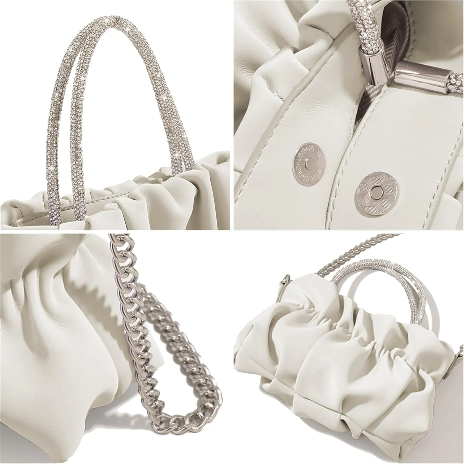 Women Evening Purse Handbags Rhinestone Handle Soft Leather Ruched Bag Bridal Clutch Wedding Party Crossbody Bag