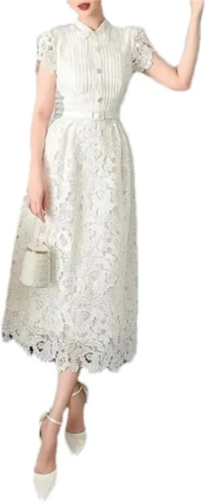 Women Lace Flower Embroidery Dresses Evening Prom Holiday Dress Short Sleeve Pearls Bow Bead Dress