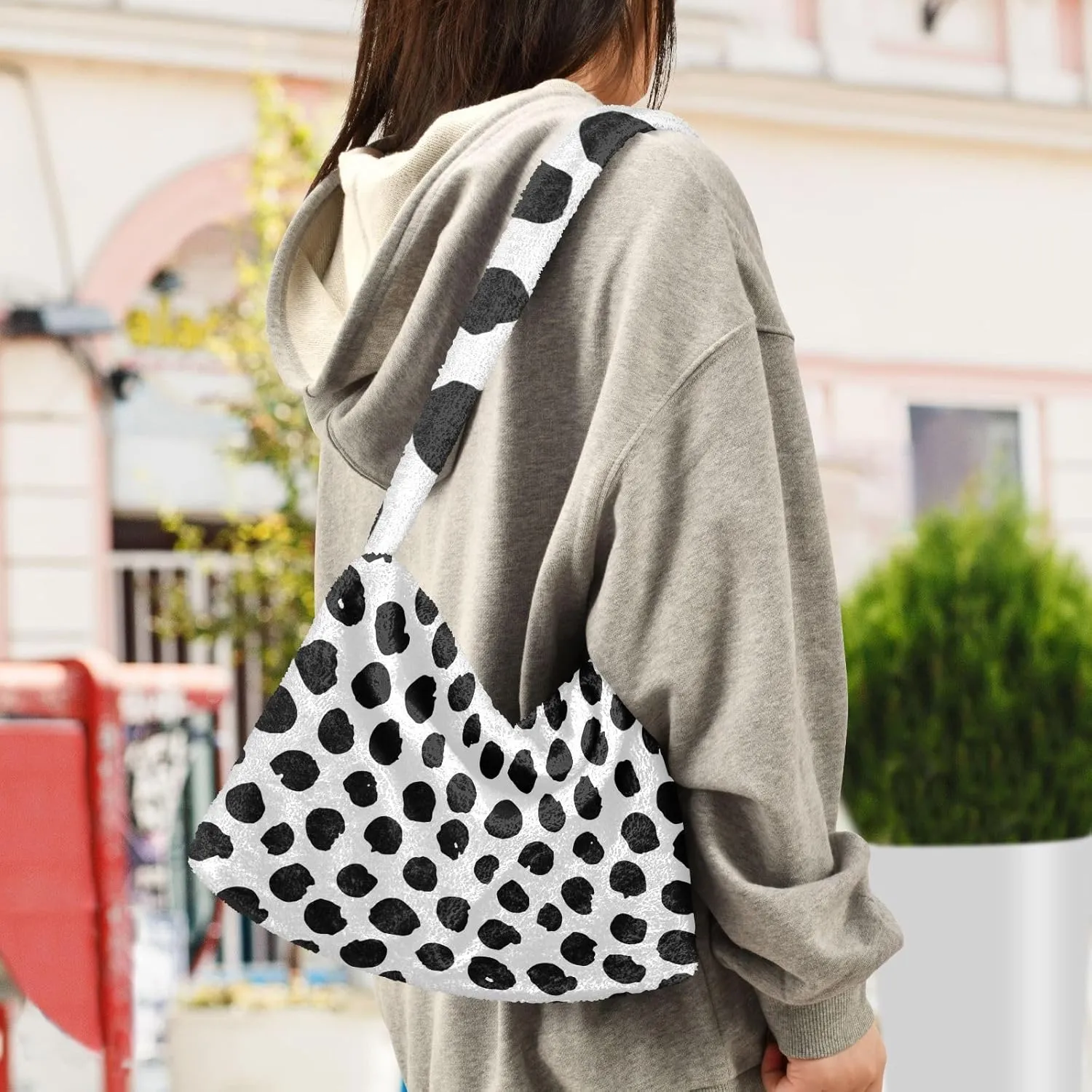 Women Ladies Cute Pinstripe Plush Shoulder BagTote Handbag Purse Faux Fur Shopping Dating Bag Multicolor 1