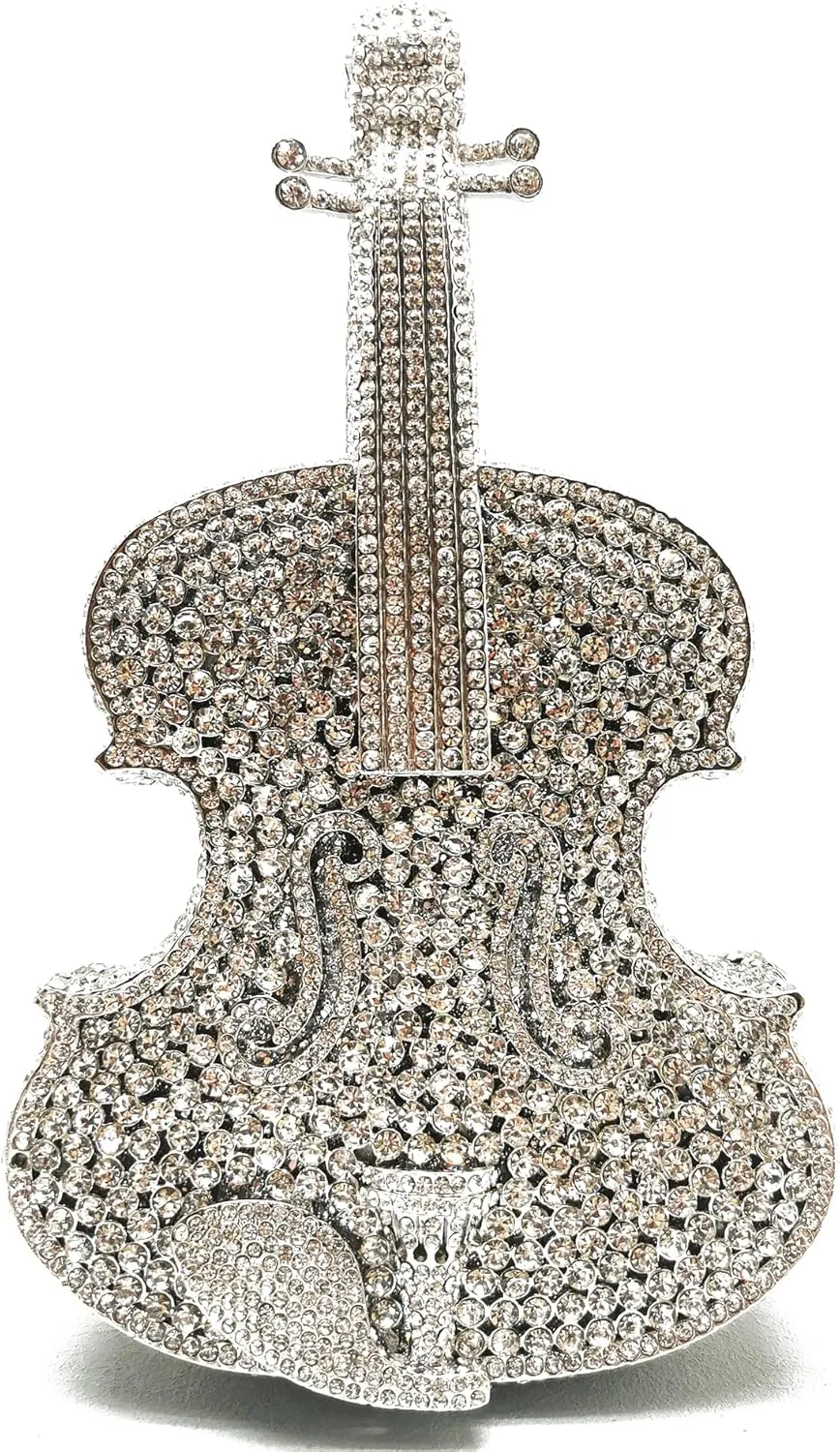Women Mini Violin Evening Bag Sparkling Rhinestones Clutch Wedding Party Banquet Purse