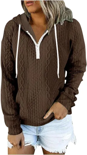 Women Oversized Hoodie Cable Knit Quarter Zip Sweatshirts Drawstring Long Sleeve Pullover 2024 Fall Winter Clothes