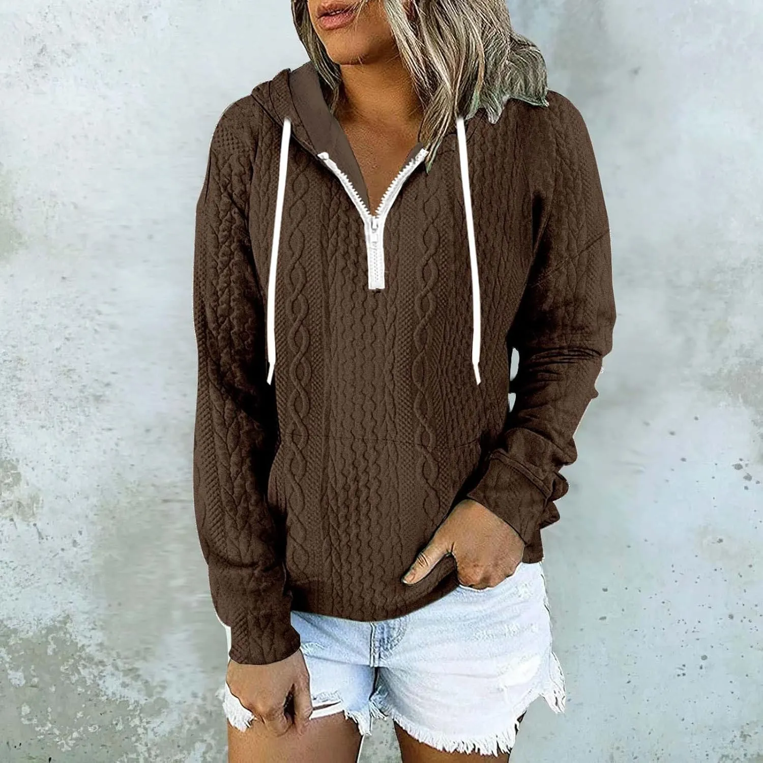 Women Oversized Hoodie Cable Knit Quarter Zip Sweatshirts Drawstring Long Sleeve Pullover 2024 Fall Winter Clothes