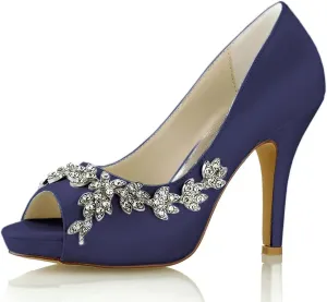 Women Peep Toe Platform Rhinestones Bridal Pumps Satin Stiletto Heels Slip On Wedding Bride Shoes with Crystal High Heel Wedding Pump
