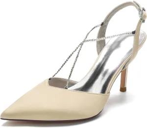 Women Pointed Toe High Heel Pumps with Rhinestone Cross Strap Satin Wedding Bridal Evening Party Dress Shoes