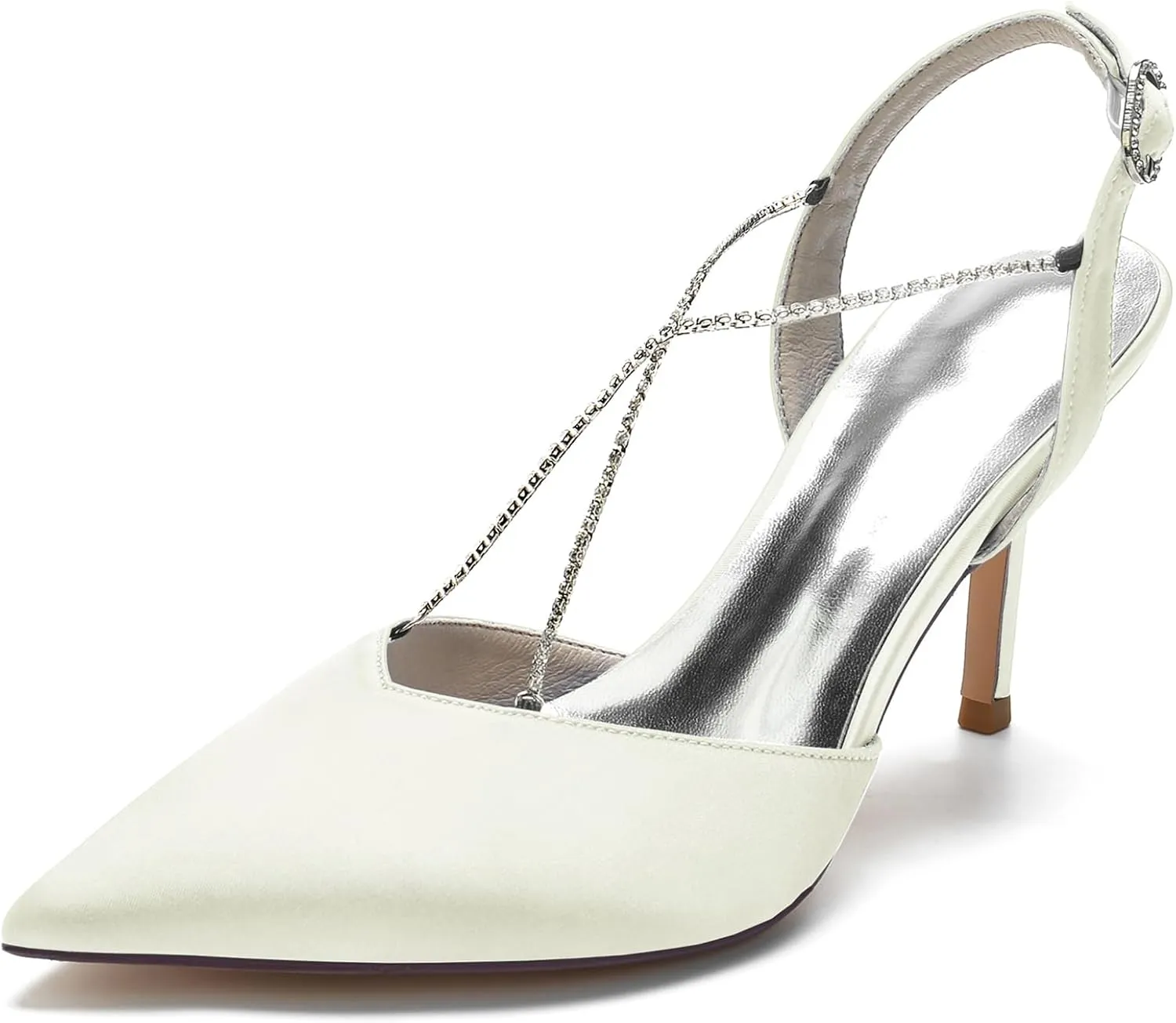 Women Pointed Toe High Heel Pumps with Rhinestone Cross Strap Satin Wedding Bridal Evening Party Dress Shoes